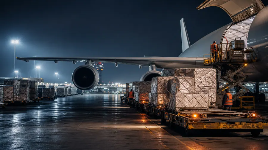 Air cargo on the airport ramp compared with ocean freight shipping