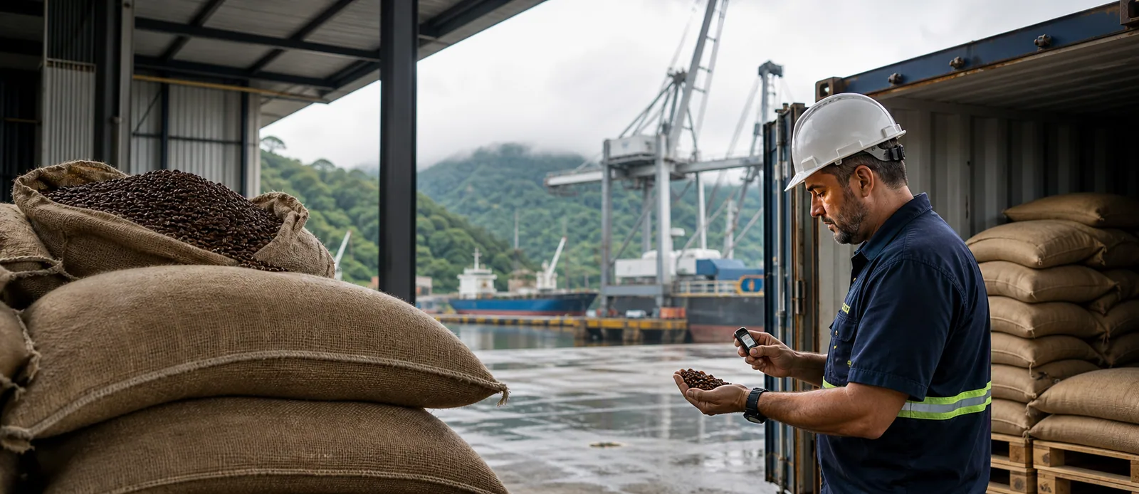 Inspector checking coffee beans before container export from Brazil
