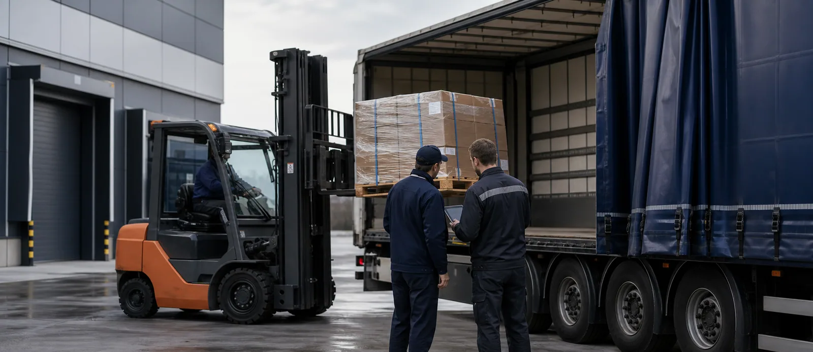 Factory forklift handing palletized cargo to a carrier truck under FCA terms