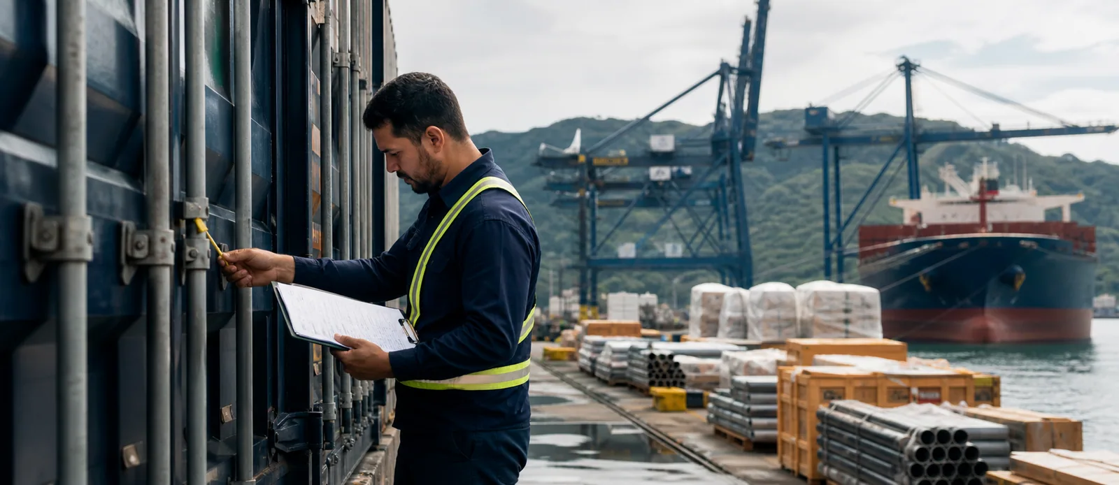 Port professional inspecting an export container at a Brazilian terminal