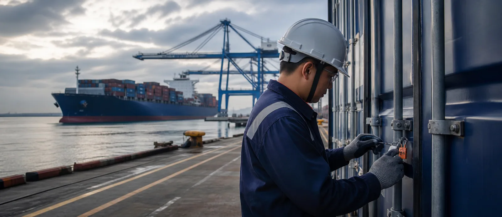 Port worker checking a container seal before a transpacific export