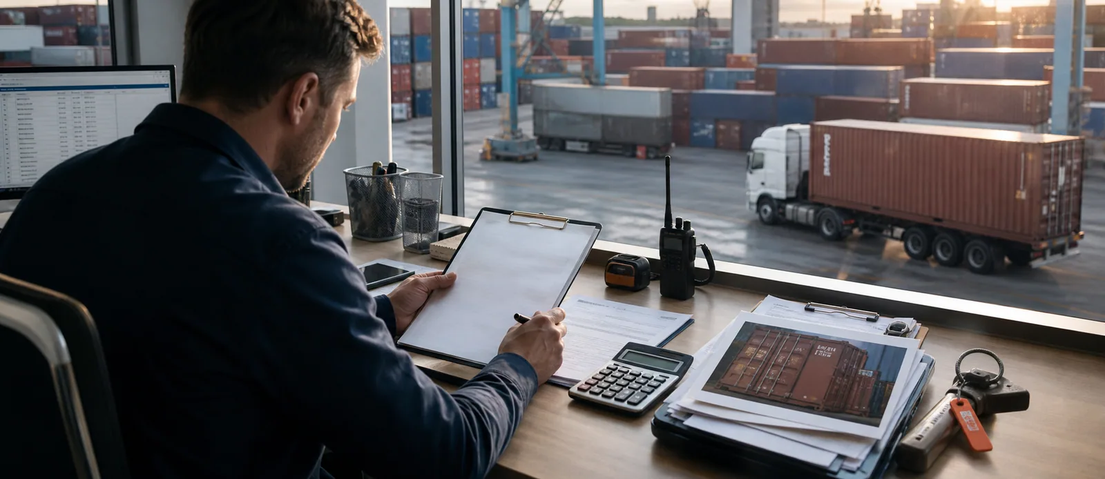 Logistics planner reviewing international shipping costs beside a container terminal
