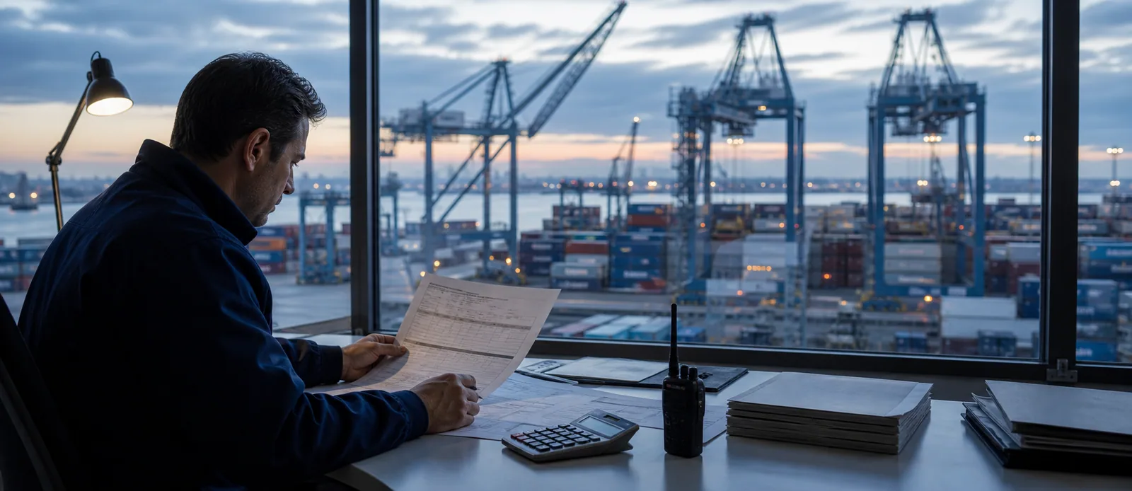 Freight planner comparing ocean shipping rates overlooking a container port